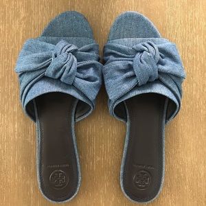 Tory Burch Annabelle Chambray Bow Slide - Size 9